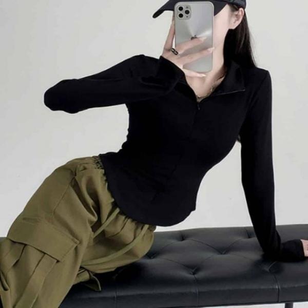 슬림핏 티셔츠 여성집업 여성 지퍼 세미 크롭 여성상의