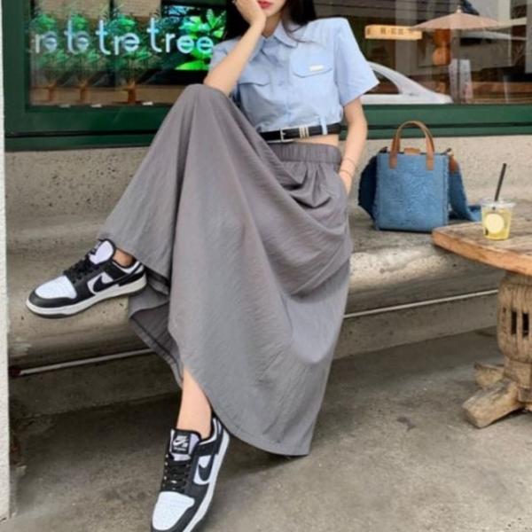 여성 캐주얼 밴딩 플레어 A라인 롱 주름 스커트 치마