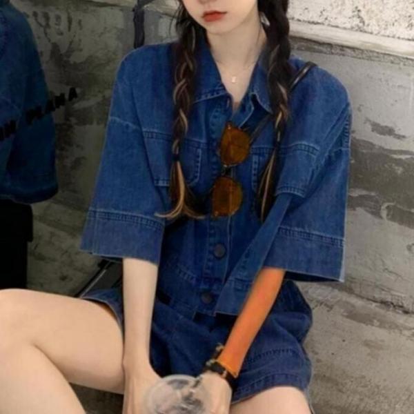 여성 러블리 청남방 데님 반팔 셔츠 팬츠 투피스 세트