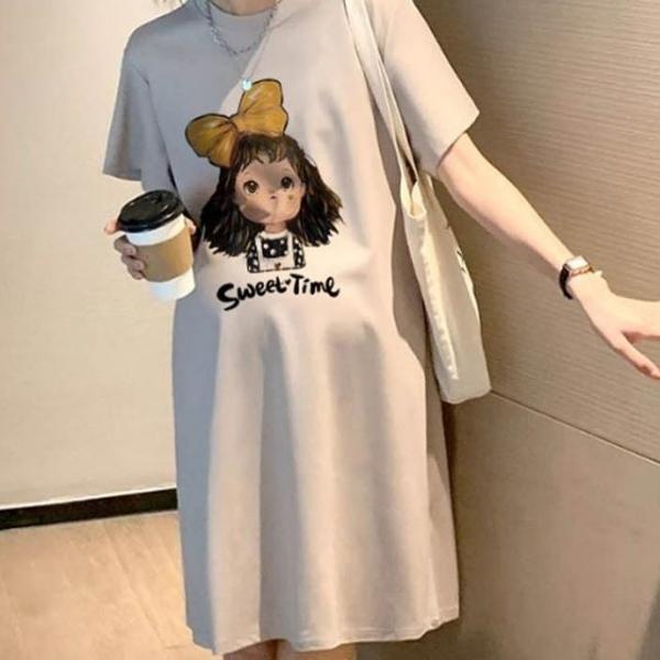 bns 편안한 임부 미디 원피스 반팔 라운드넥 빅사이즈