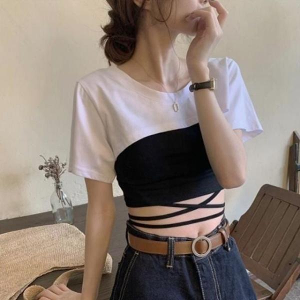 데일리웨어 크롭 레이어드 반팔티