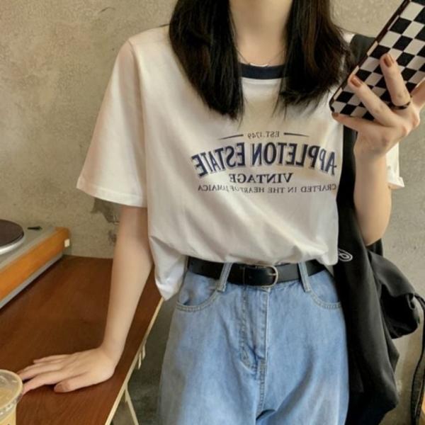 레트로핏 레터프린트 세미크롭 배색 티셔츠