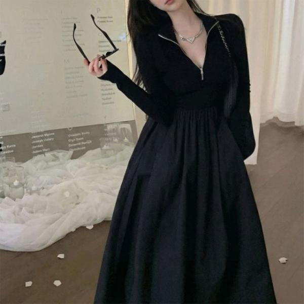 하프 집업 니트 믹스 롱 원피스 긴팔 반집업