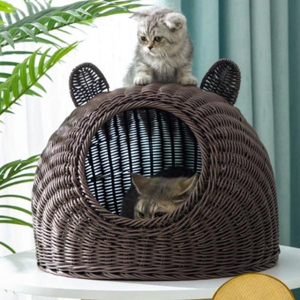 고양이집 라탄패턴 숨숨집 반려묘 하우스 소형 강아지집 (커피) (38cm)