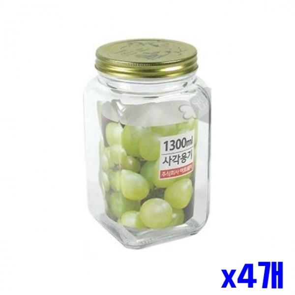 유리 사각 저장용기1300ml x4개 피클용기 저장병