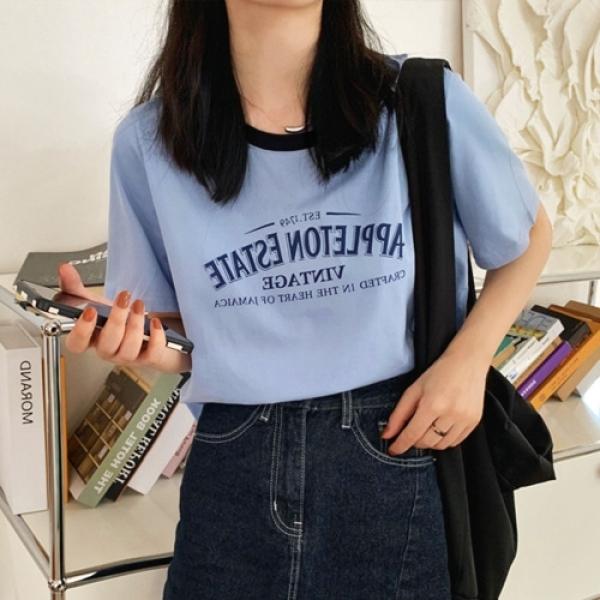 여성 배색 레터링 반팔 크롭 티셔츠 FD-0673