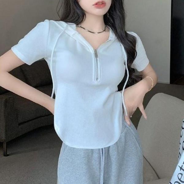 후드 집업 티셔츠 T 2 기본 후드 집업 크롭 캐주얼 슬림한 데일리 티셔츠 면