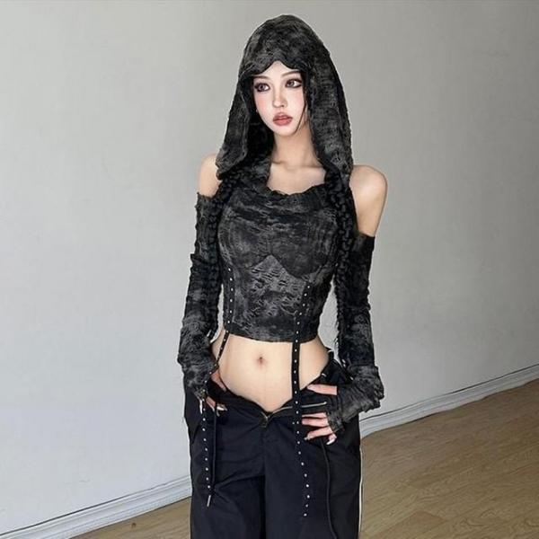 힙퍼베르티 후드 트임 긴팔 크롭 프린팅 데미지 끈 빈티지 포인트 데미지 유니크 어깨트임 슬림티 힙스타일