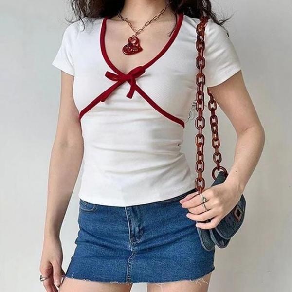 리리레라티 반팔 리본 슬림 크롭 포인트 배색 시스루티 쉬폰티 맨투맨 면티 박스티 라운드넥 나시