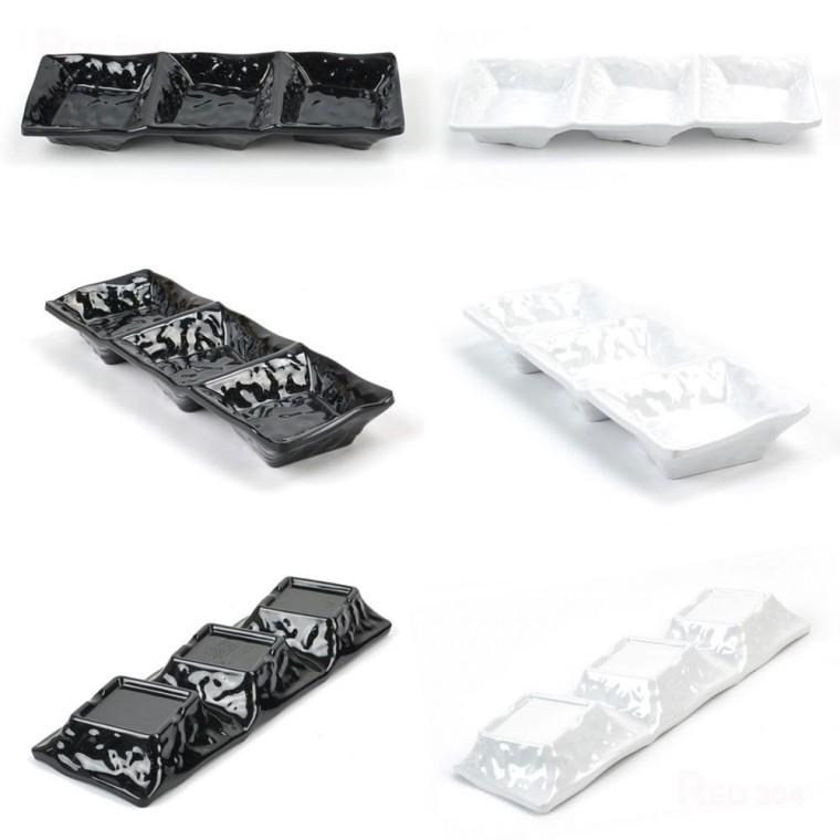 블랙 화이트 멜라민 3칸 종지 반찬그릇 초장 간장 와사비 소스 양념 그릇 길이 25cm 8호