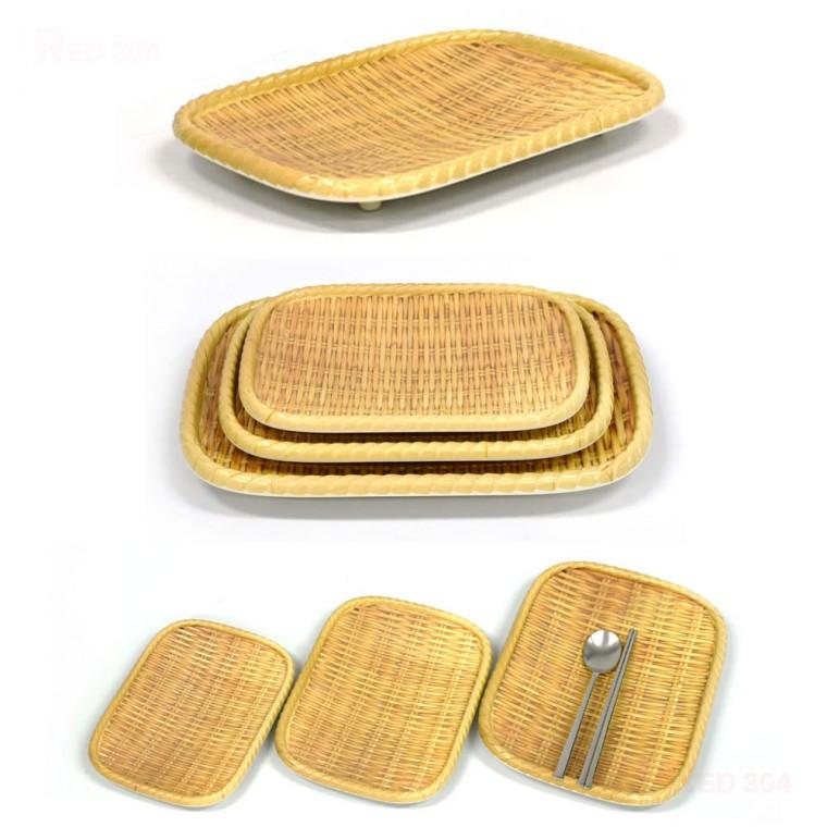 사각 멜라민 대나무 채반 디자인 파전 부침개 샐러드 접시 안주접시 반찬접시 길이 22cm 24.5cm 30cm