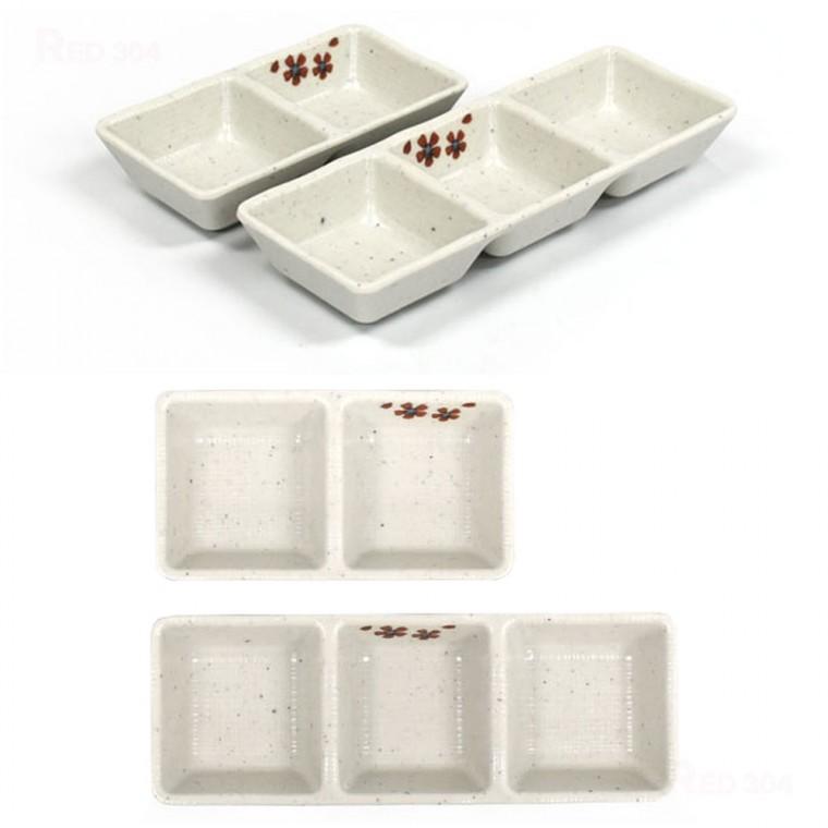 멜라민 2칸 3칸 나눔접시 한정식 마늘 쌈장 초장 간장 양념 소스 종지 그릇 길이 13.8cm 20cm