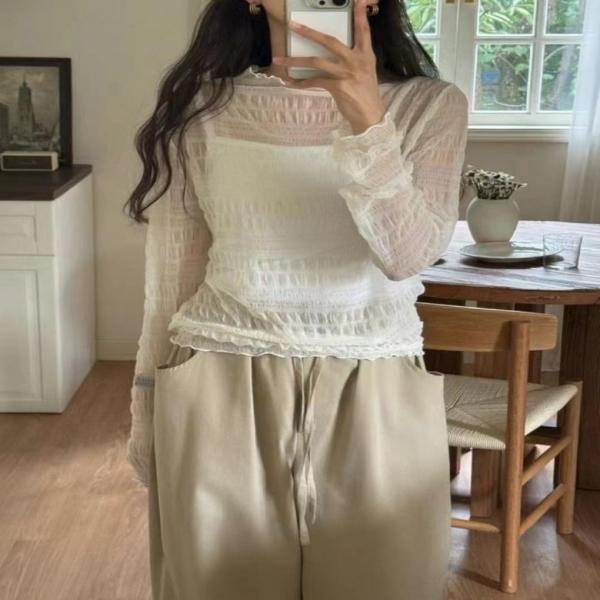 F11543 레이스 시스루 주름 슬림 망사  블라우스  티