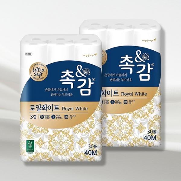 깨끗한나라 촉앤감 로얄화이트화장지40m x 30롤 x 2팩