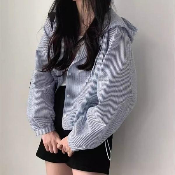 꾸안꾸 스트라이프 크롭 후드 블라우스 SSH-074