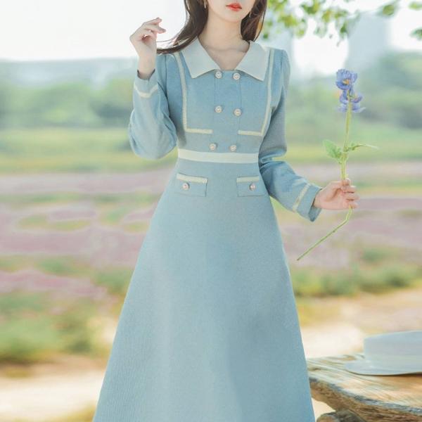스카이블루 진주버튼 트위드 각카라 원피스 경성의상