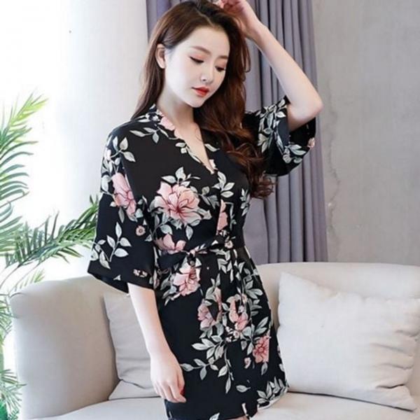 여성 반팔 플라워 나이트 실크 가운 여름 로브 꽃무늬
