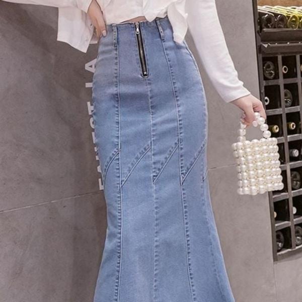 하이 머메이드 여성 청치마 스커트 캐주얼 라인 데님 데일리