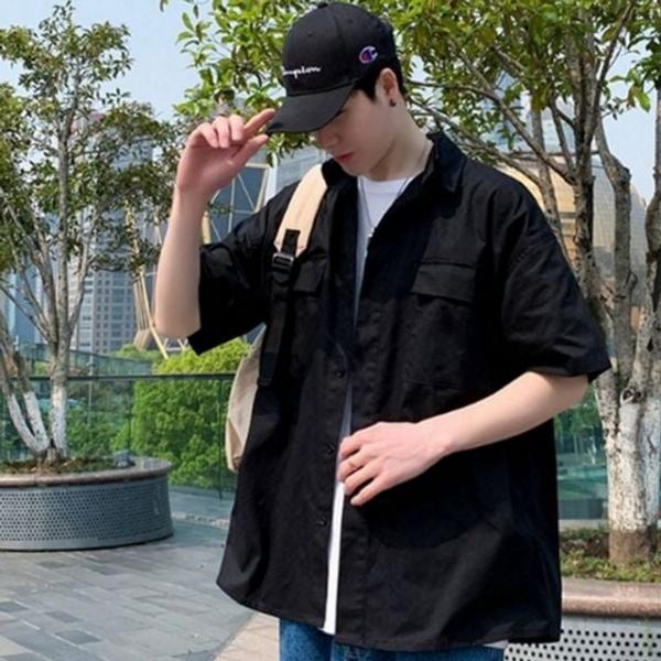 워크 넉넉한 오버핏 남성 반팔 셔츠 루즈핏 밀리터리 포켓