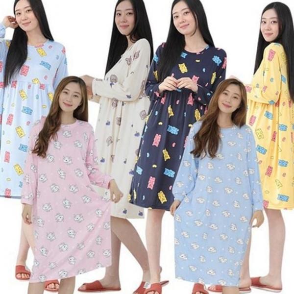 가을 실내 팔 잠옷 파자마 긴 피치 여성