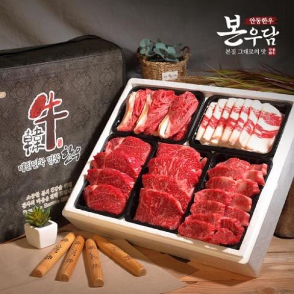 안동한우 본우담 1+등급이상 한우 모둠 선물세트 3호 2.0kg 등심400g+차돌박이400g+국거리400g+채끝등심400g+불고기400g M