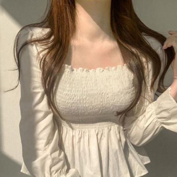 UJS-056 퍼프 소매 밴딩 프릴 스모크 블라우스