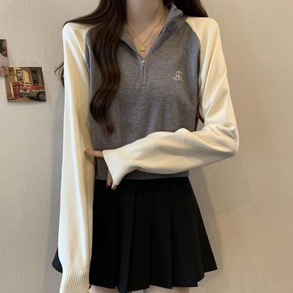 LK-K018 배색 반집업 니트 긴팔 데일리 크롭 2컬러