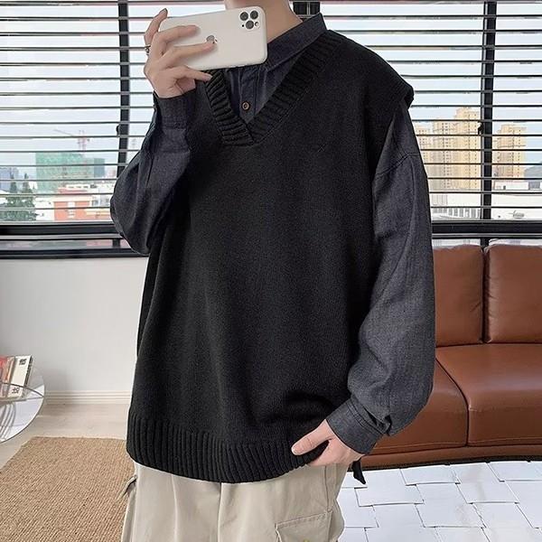 오버핏 니트 데일리룩 IS-BT21 남성 베스트 조끼 블랙