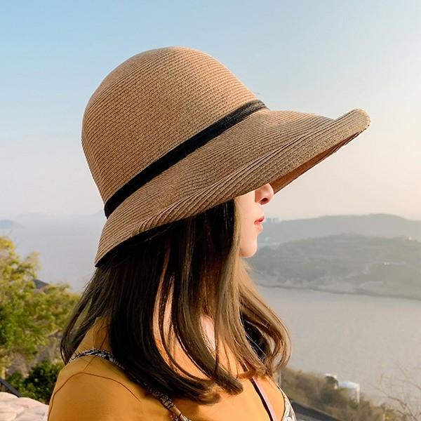 HAT70 리본끈 야외활동 여성 썬캡 밀짚 베이지