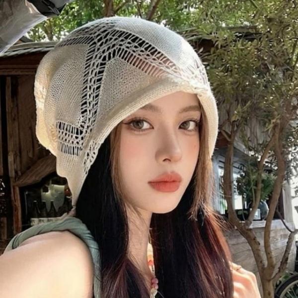 여성 여름 얇은 다이아 펀칭 레이스 니트 비니 모자