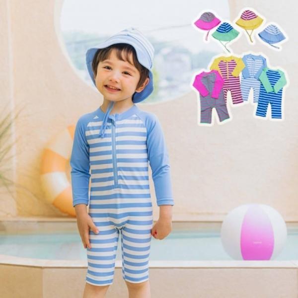 아동래쉬가드 수영복 컬러스트라입 아동 래쉬가드 모자세트