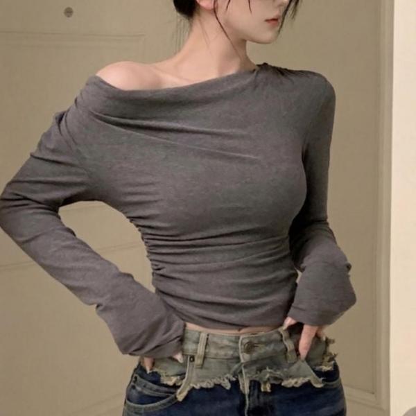 파티룩 연말룩 슬림핏 오프숄더 여성 셔링 긴팔 티셔츠