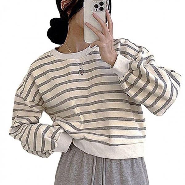 캐주얼 스트라이프 긴팔 크롭티 여자 패션 티셔츠