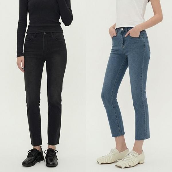 밑단컷팅 일자 슬림 스판 데님팬츠