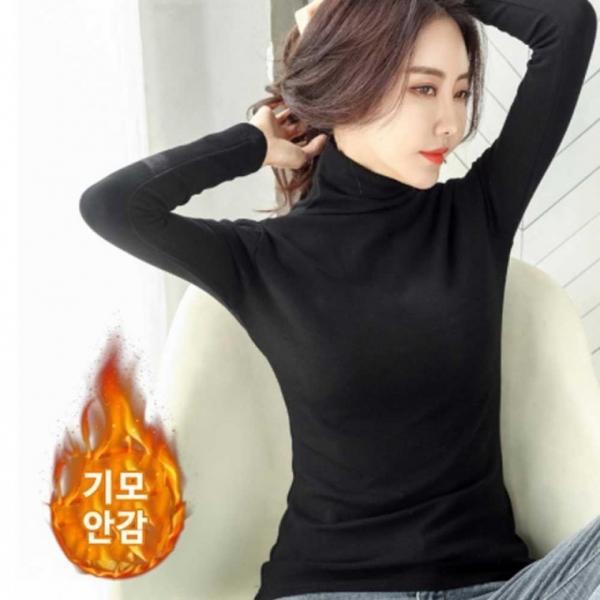 여자 겨울 데일리 이너 흰 목 폴라 기모 터틀넥 티 티셔츠 면목폴 라티 검정 스판