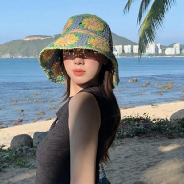 여성 여름 바캉스 플라워 나염 밀짚 벙거지 챙모자