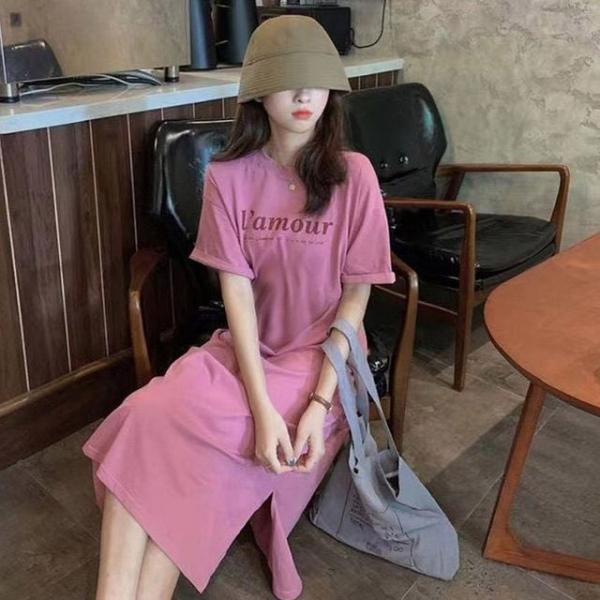 데일리 여성 트임 롱 기장 반팔 원피스