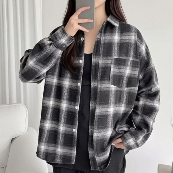 루즈핏 체크 긴팔 셔츠