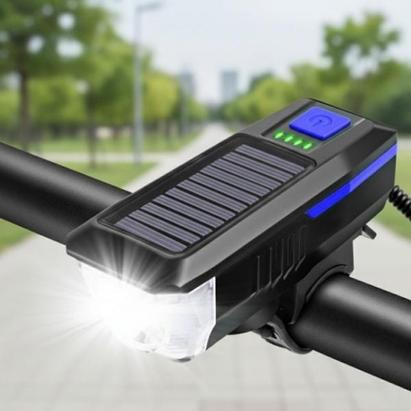 태양광 충전식 자전거 경음기 전조등 블루 고휘도 LED 라이트 3단 모드