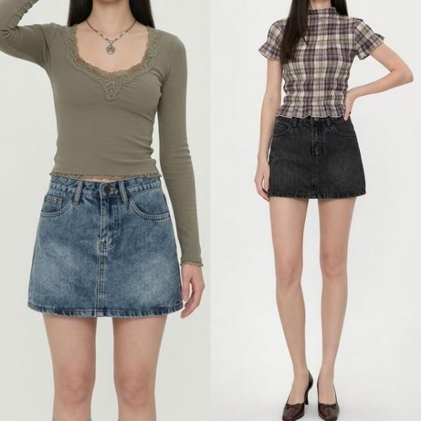 여성 빈티지워싱 A라인 데님 미니스커트