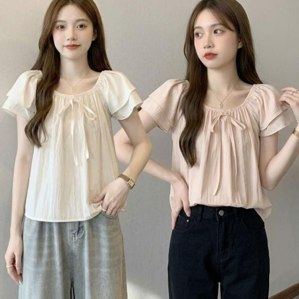 여성 밴딩 넥라인 리본 듀얼 소매 반팔 블라우스 URK-555