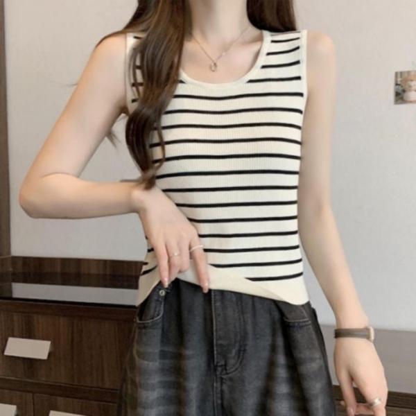 여성 스트라이프 줄무늬 슬림핏 여름 민소매 단가라 나시
