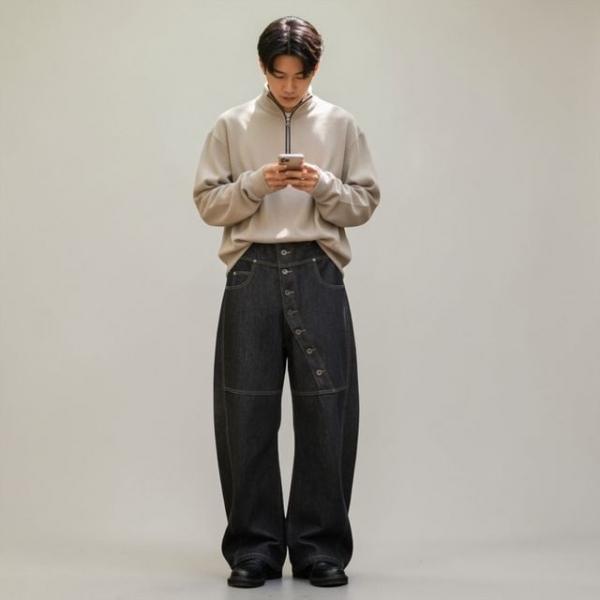 커브드 버튼 와이드 데님 와이드팬츠 흑청 미니멀룩