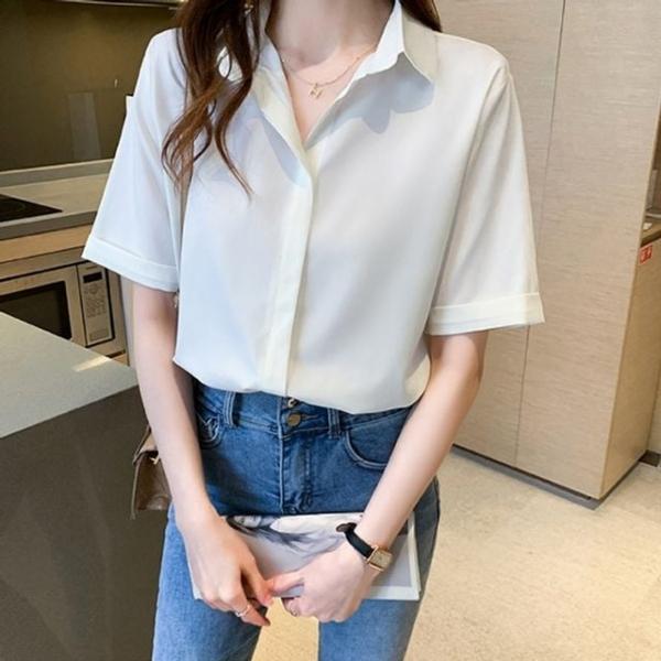 베이직 카라 반팔 블라우스 루즈핏 데일리 오피스 셔츠