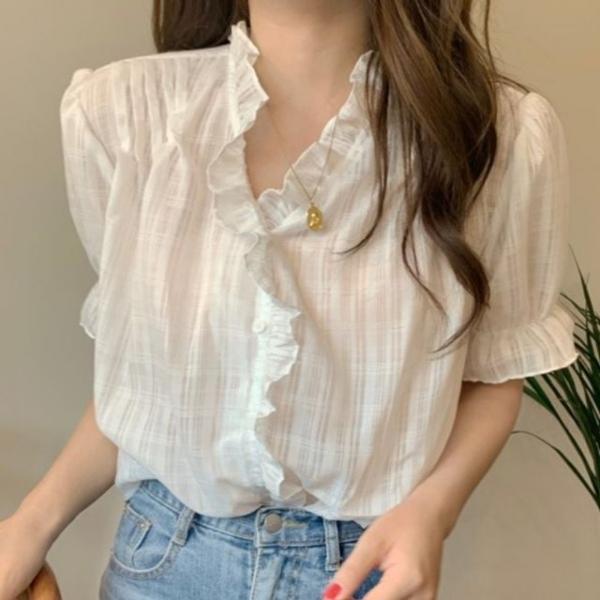 프릴 브이넥 체크 블라우스 퍼프소매 여리핏 탑