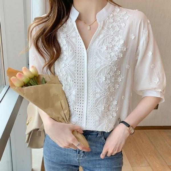 자수 레이스 시스루 블라우스 퍼프소매 여리핏 셔츠
