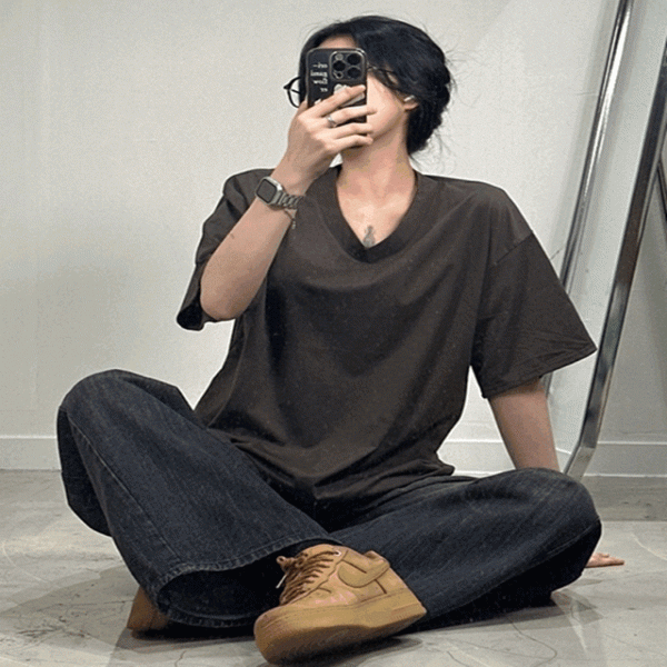 여성 오버핏 브이넥 반팔 박스 티 [여자 V넥 기본 빅사이즈 루즈핏 박시티 여름 무지 면 데일리 롱 티셔츠]
