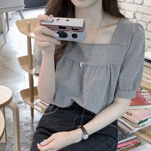 체크 여자 반팔 티셔츠 스퀘어넥 여름 셔링 반팔티