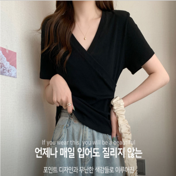 여자반팔브이넥셔츠 데일리 여자티 반팔티셔츠 여름 상의 사무실 정장