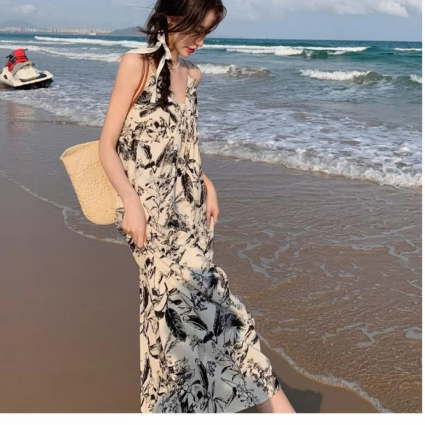 플라워원피스 수묵화 플라워 패턴 앞리본 여름 원피스